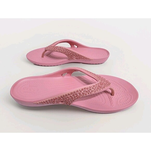 Crocs Kadee Women's 9 Embellished Gem Flip Flop Pink Sandals Thong Beach Pool - Picture 3 of 8